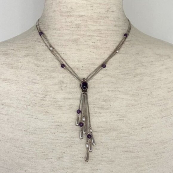 VTG Q.T. Sterling Carlisle Jewelry Amethyst Liquid Silver Tassel Y Necklace - Picture 1 of 16